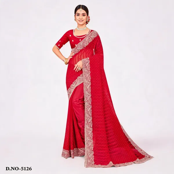 Red_Georgette_Embroidered_Border_Saree_With_Blouse