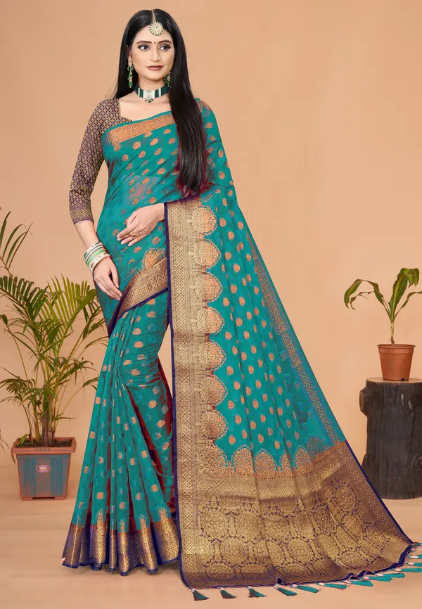 Teal_Organza_Silk_Zari_Woven_Banarasi_Saree_For_Women