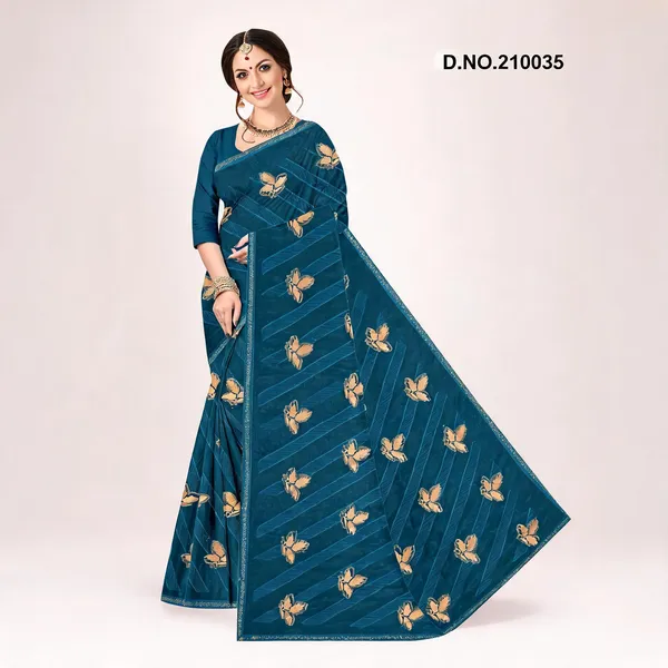 Teal_Embroidered_Floral_Woven_Saree_For_Women