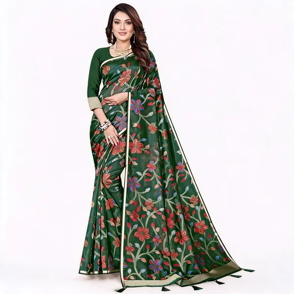 Green_Cotton_Floral_Print_Woven_Border_Saree_For_Women