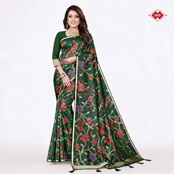 Green_Cotton_Floral_Print_Woven_Border_Saree_For_Women