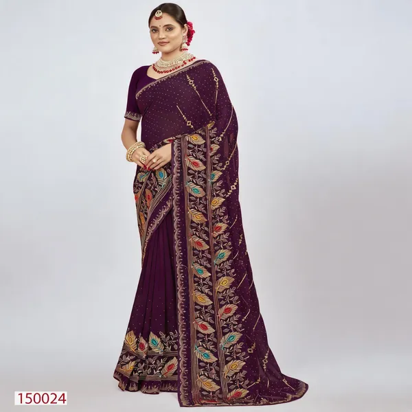Purple_Georgette_Embroidered_Peacock_Border_Saree_For_Women
