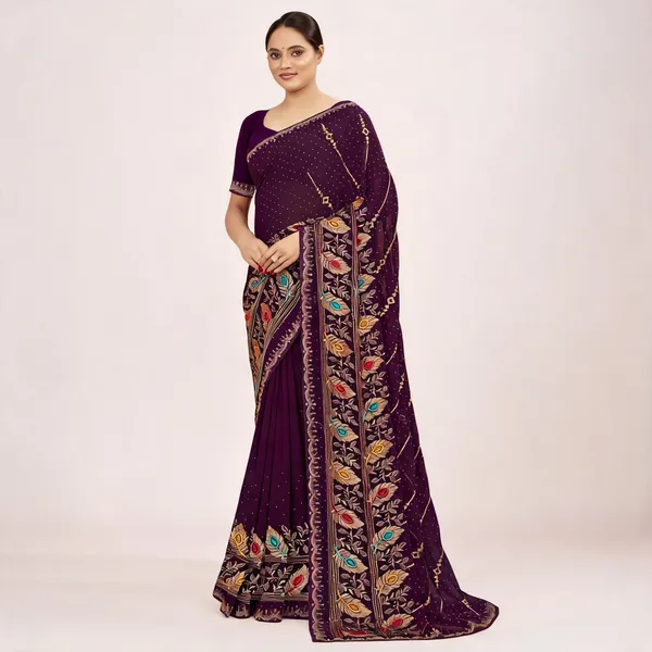 Purple_Georgette_Embroidered_Peacock_Border_Saree_For_Women