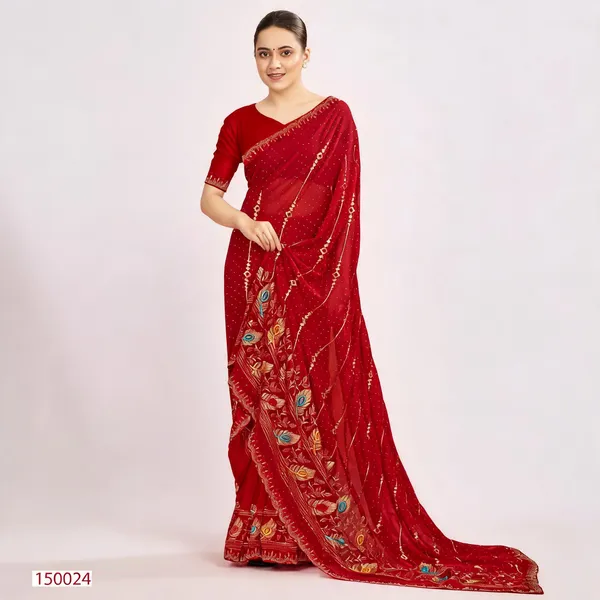 Red_Georgette_Embroidered_Peacock_Motif_Saree_For_Women
