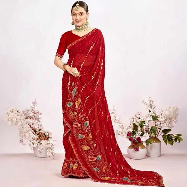 Red_Georgette_Embroidered_Peacock_Motif_Saree_For_Women