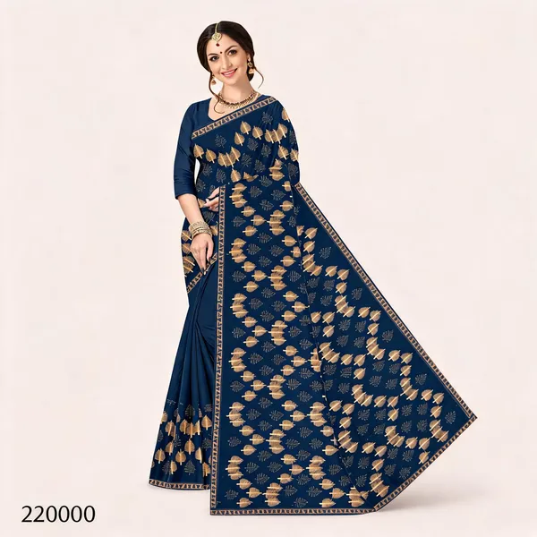 Navy_Blue_Shimmer_Golden_Leaf_Motif_Printed_Saree_For_Women