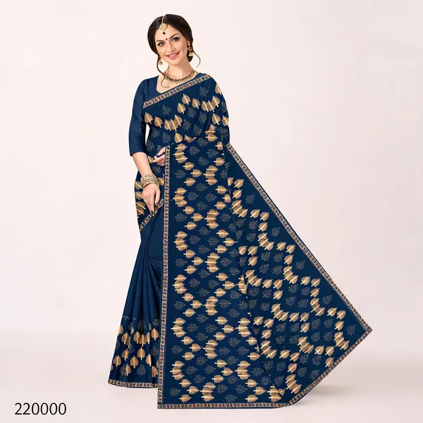 Navy_Blue_Shimmer_Golden_Leaf_Motif_Printed_Saree_For_Women