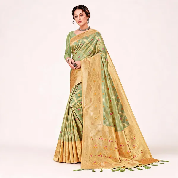Green_Organza_Silk_Woven_Golden_Zari_Border_Saree_For_Women