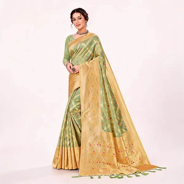 Green_Organza_Silk_Woven_Golden_Zari_Border_Saree_For_Women