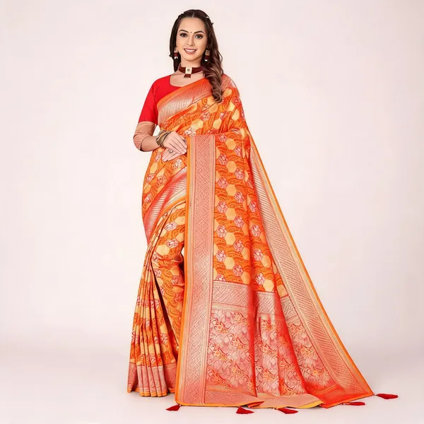 Orange_Silk_Woven_Zari_Banarasi_Saree_For_Women