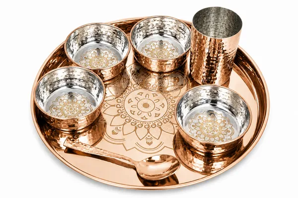 UPCW_HAMMERED_STAINLESS_STEEL_DINNER_THALI_SET_7_PIECES_WITH_ROSE_GOLD_PVD_FINISH_WITH_LAZER