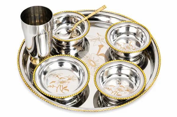 UPCW_LUXURY_TWO_TONE_STAINLESS_STEEL_THALI_SET_WITH_BRASS_EDGE_FINISH_7_PIECES