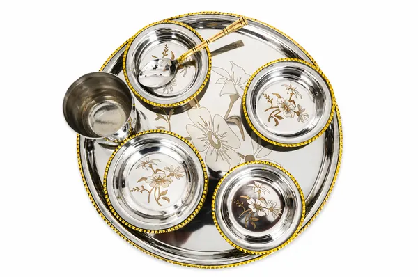 UPCW_LUXURY_TWO_TONE_STAINLESS_STEEL_THALI_SET_WITH_BRASS_EDGE_FINISH_7_PIECES