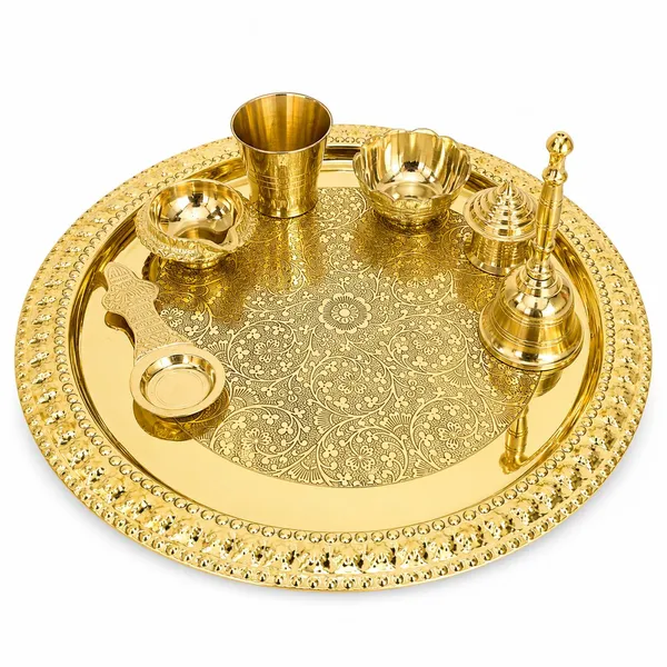 UPCW_PURE_BRASS_ETCHING_POOJA_THALI_12_INCH_SET_OF_7