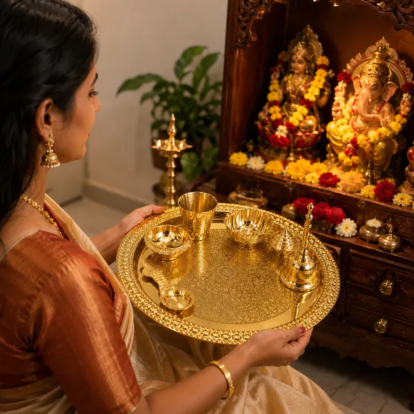 UPCW_PURE_BRASS_ETCHING_POOJA_THALI_12_INCH_SET_OF_7
