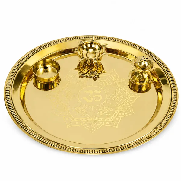 UPCW_PURE_BRASS_SHINNING_POOJA_THALI_SET_WITH_FREE_POOJA_ITEMS_SET_OF_4