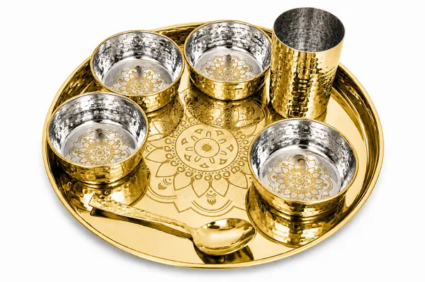 UPCW_HAMMERED_STAINLESS_STEEL_DINNER_THALI_SET_7_PIECES_WITH_GOLD_PVD_FINISH_LAZER