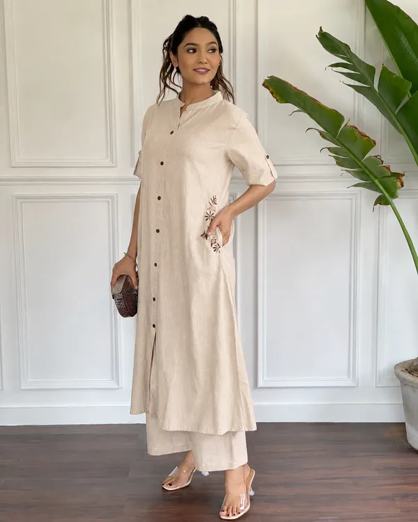 Beige_Button-Down_Pocket_Embroidered_Kurta_Palazzo_Set
