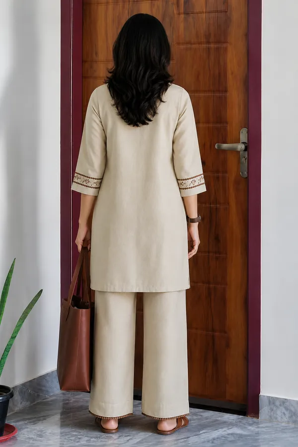 Beige_Embroidered_Cotton_Co-Ord_Set_With_Pants_for_Women