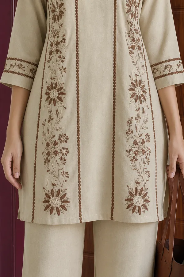 Beige_Embroidered_Cotton_Co-Ord_Set_With_Pants_for_Women