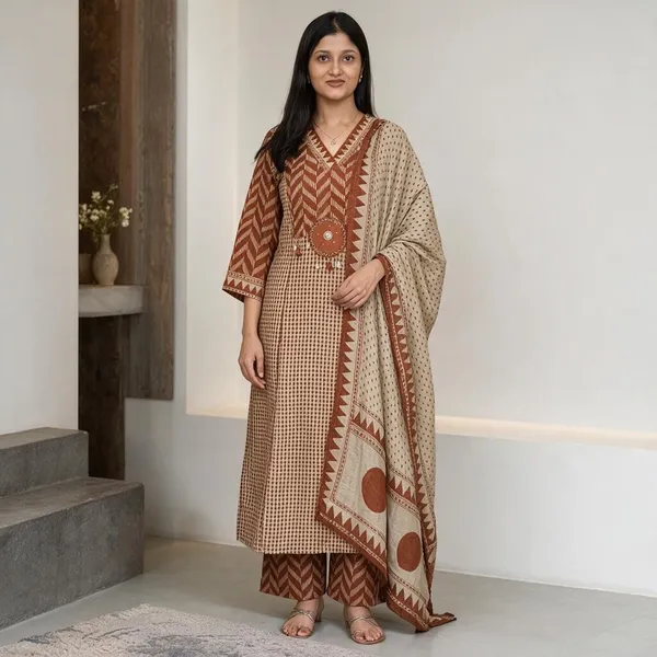 Beige_Rust_Cotton_Premium_Kurta_Pant_Set_With_Dupatta_For_Women