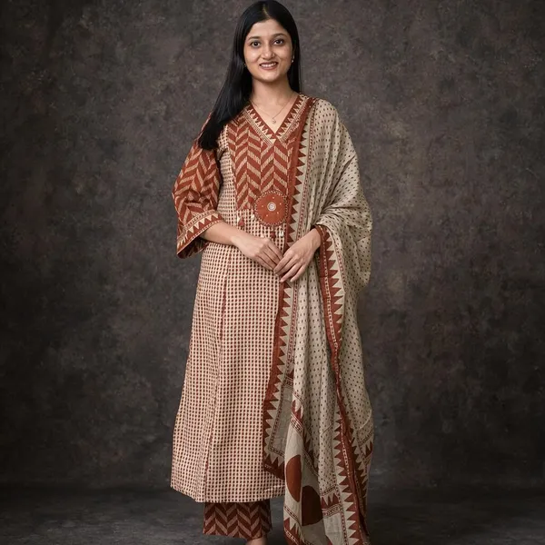 Beige_Rust_Cotton_Premium_Kurta_Pant_Set_With_Dupatta_For_Women
