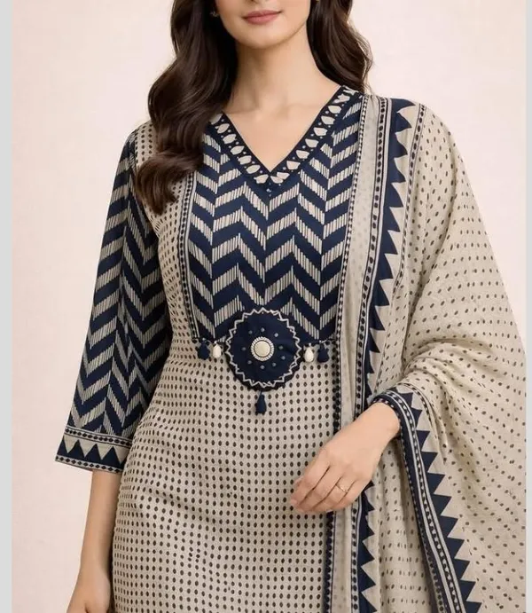 Beige_Black_Cotton_Premium_Kurta_Pant_Set_With_Dupatta_For_Women
