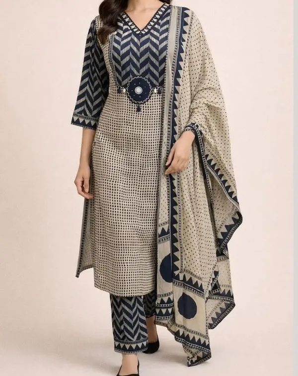 Beige_Black_Cotton_Premium_Kurta_Pant_Set_With_Dupatta_For_Women