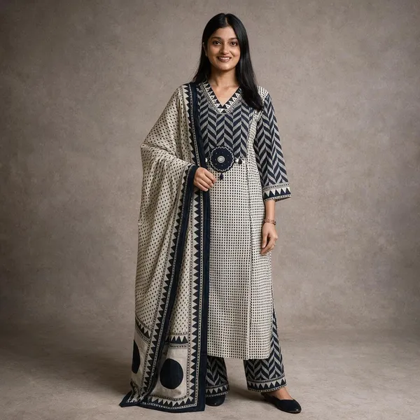 Beige_Black_Cotton_Premium_Kurta_Pant_Set_With_Dupatta_For_Women