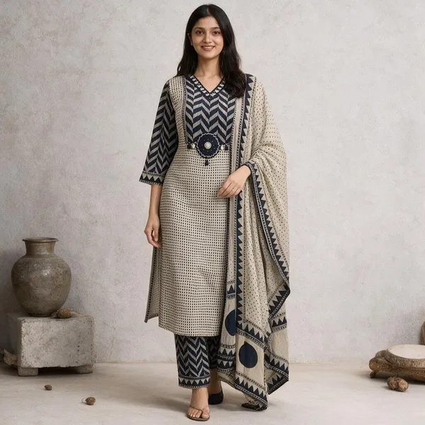 Beige_Black_Cotton_Premium_Kurta_Pant_Set_With_Dupatta_For_Women