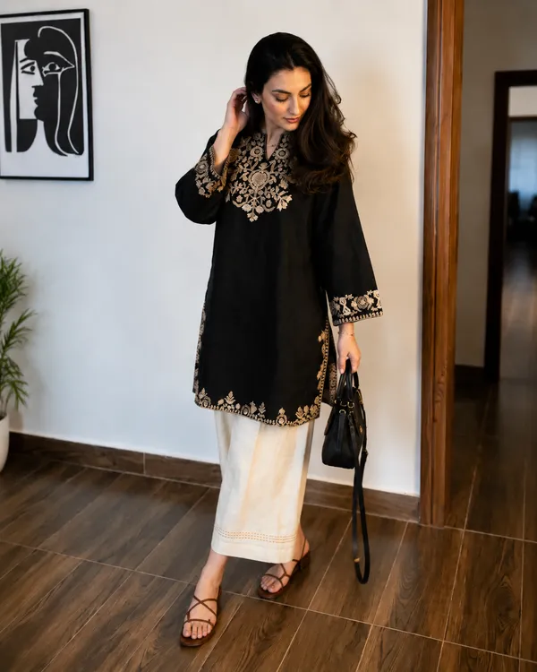 Black_Embroidered_Cotton_Kurta_Set_With_Palazzo_Pants_for_Women
