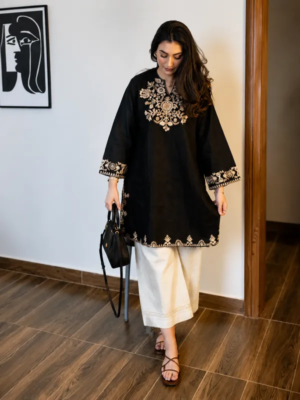 Black_Embroidered_Cotton_Kurta_Set_With_Palazzo_Pants_for_Women