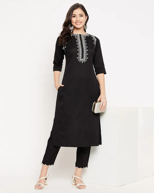 Black_Cotton_Kurta_and_Pant_Set_White_Embroidery