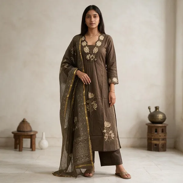 Brown_Cotton_Premium_Kurta_Pant_Set_With_Dupatta_For_Women