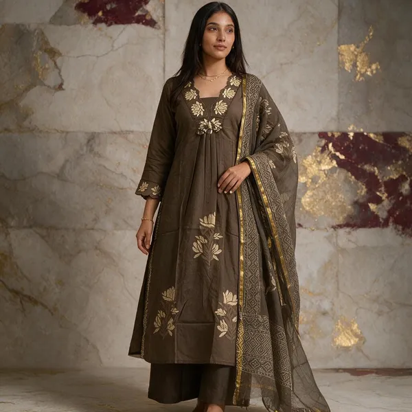 Brown_Cotton_Premium_Kurta_Pant_Set_With_Dupatta_For_Women