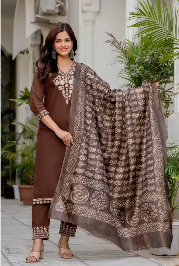 Brown_Cotton_Premium_Kurta_Pant_Set_With_Dupatta_For_Women