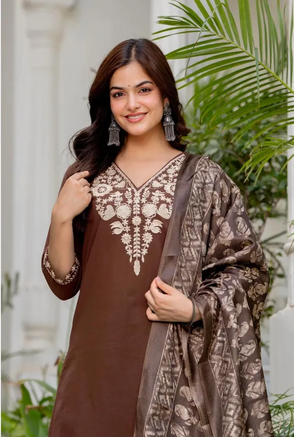 Brown_Cotton_Premium_Kurta_Pant_Set_With_Dupatta_For_Women