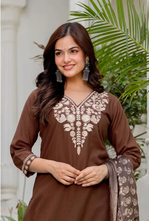 Brown_Cotton_Premium_Kurta_Pant_Set_With_Dupatta_For_Women