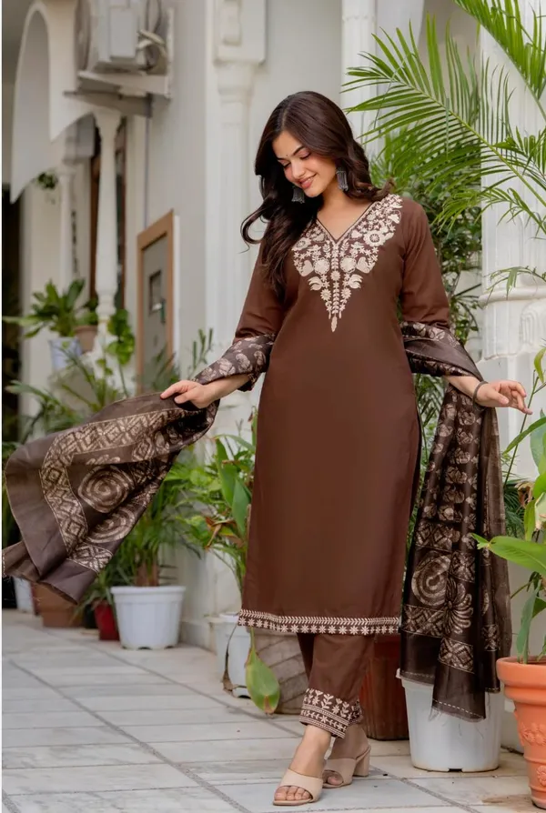 Brown_Cotton_Premium_Kurta_Pant_Set_With_Dupatta_For_Women