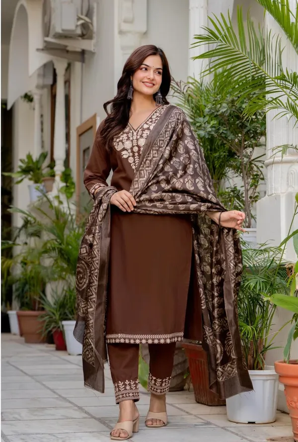 Brown_Cotton_Premium_Kurta_Pant_Set_With_Dupatta_For_Women