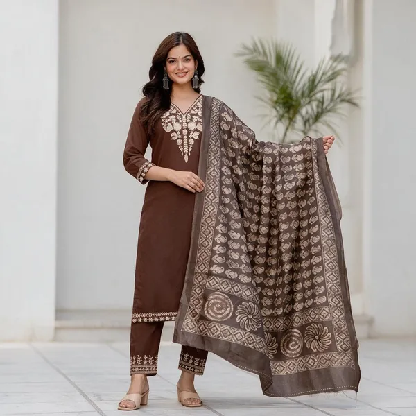 Brown_Cotton_Premium_Kurta_Pant_Set_With_Dupatta_For_Women