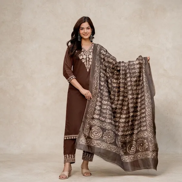 Brown_Cotton_Premium_Kurta_Pant_Set_With_Dupatta_For_Women