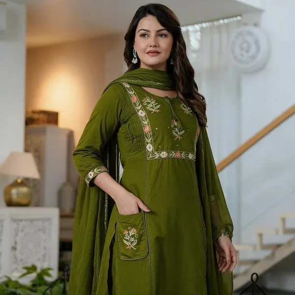 Olive_Green_Cotton_Premium_Kurta_Pant_Set_With_Dupatta_For_Women