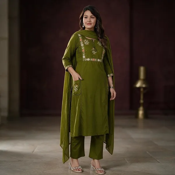 Olive_Green_Cotton_Premium_Kurta_Pant_Set_With_Dupatta_For_Women