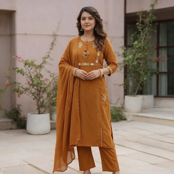 Rust_Orange_Cotton_Premium_Cotton_Kurta_Set_For_Women