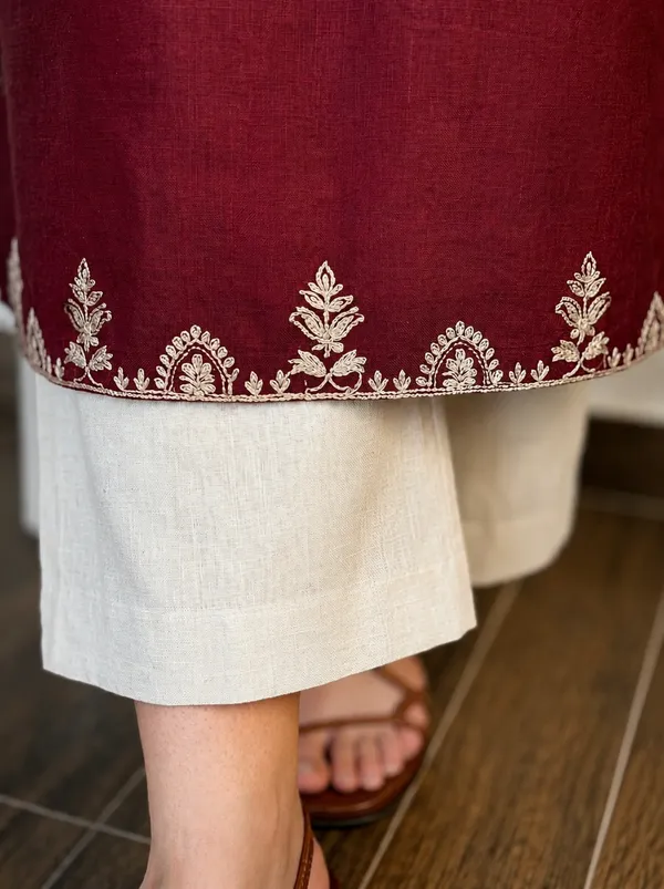 Maroon_Embroidered_Cotton_Kurta_Set_With_Palazzo_Pants_for_Women