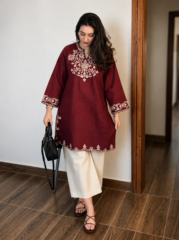 Maroon_Embroidered_Cotton_Kurta_Set_With_Palazzo_Pants_for_Women