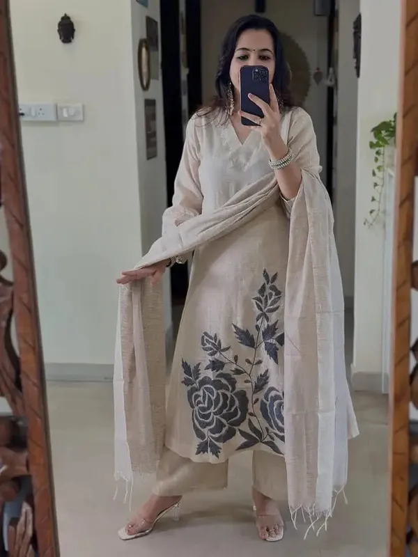 Beige_Floral_Printed_Kurta_Pant_Set