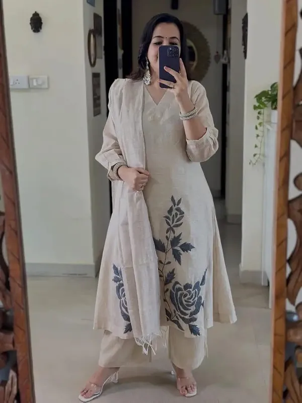 Beige_Cotton_Premium_Kurta_Pant_Set_With_Dupatta_For_Women