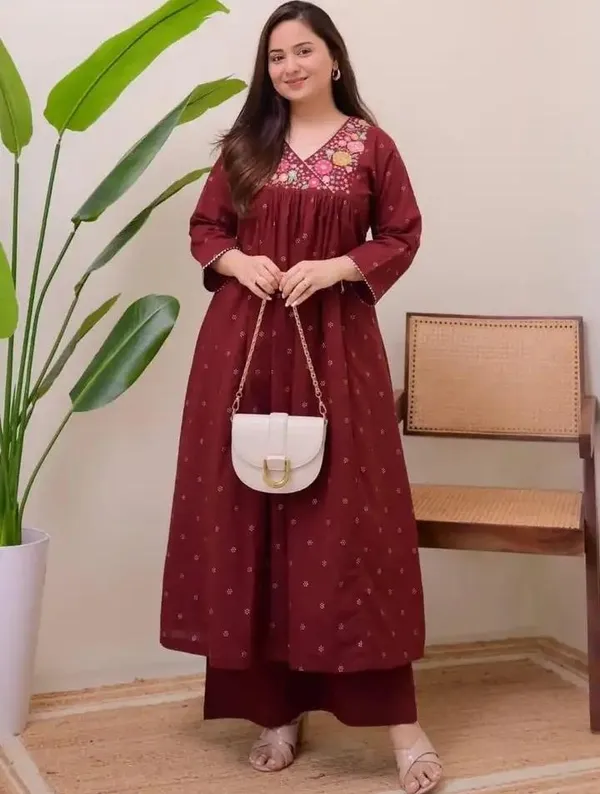 Maroon_Cotton_Premium_Cotton_Kurta_Set_For_Women